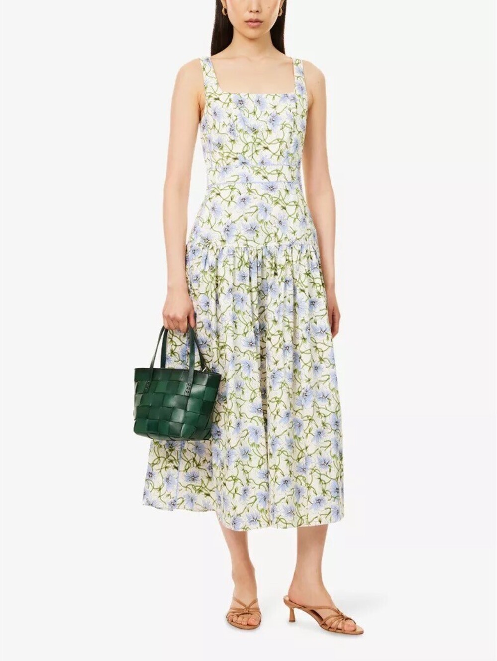 ME+EM Twisting Poppy Print Square Neck Cotton Maxi Dress Blue Floral Size 6